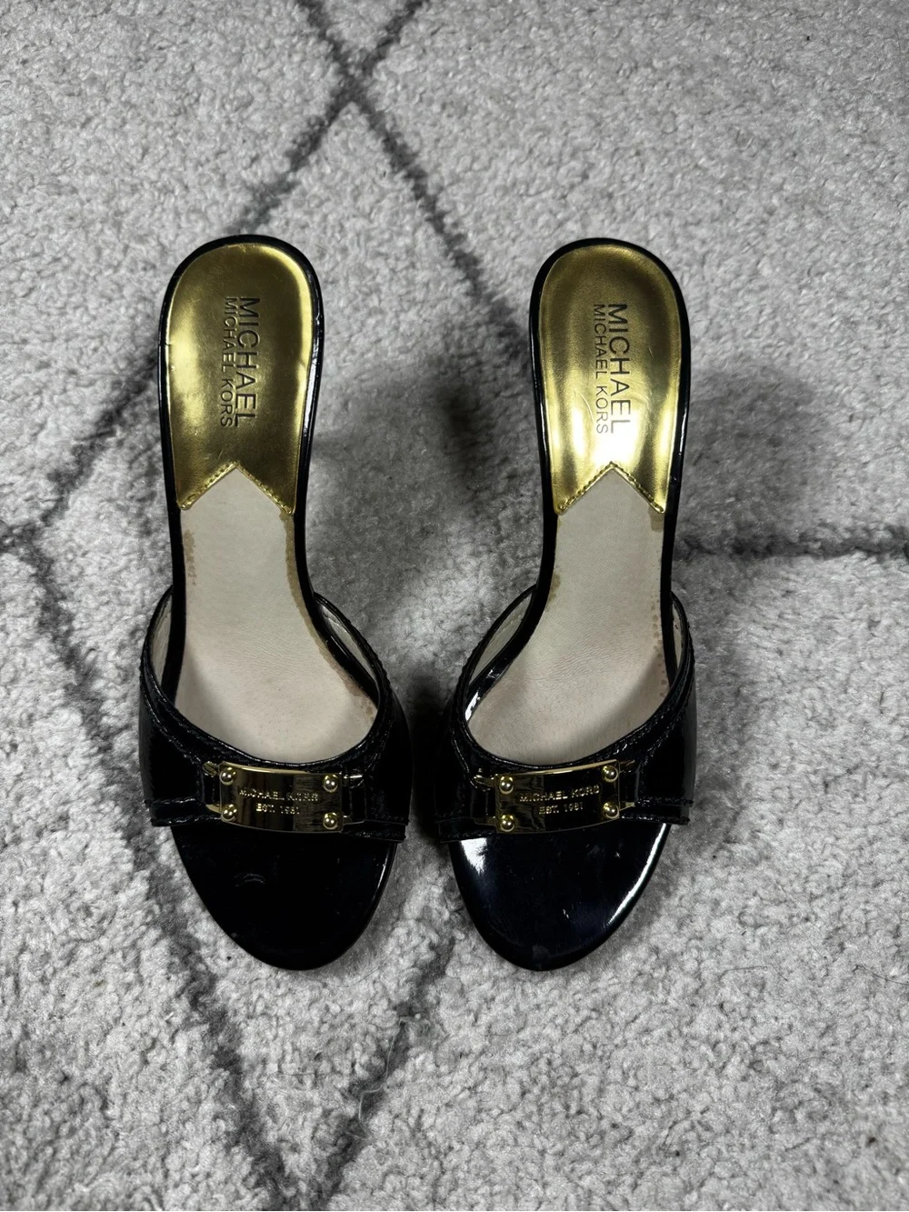 Michael Kors Black Patent Mules with Gold Plate